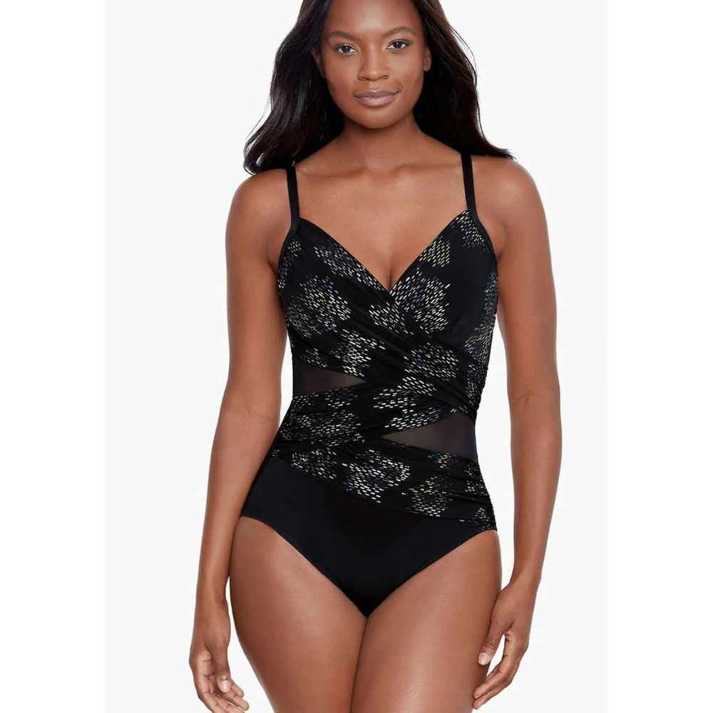 Miraclesuit Mystique One Piece Swimsuit Iridium 10 Black Gold Wrap Slimming